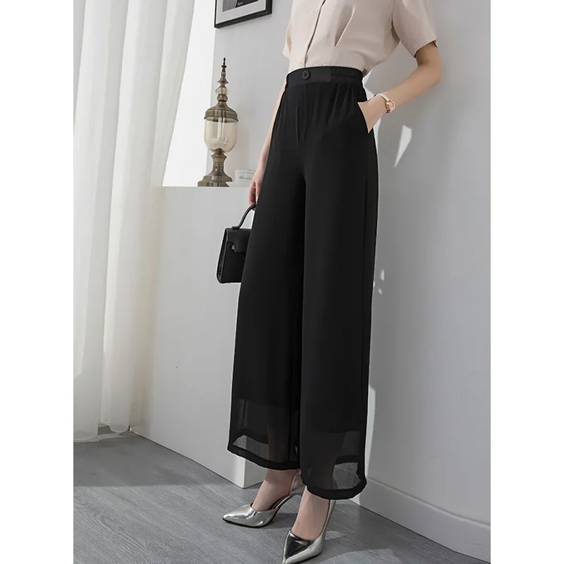 2023 Summer Commuting Simple and Fashionable High Waist Button Back Elastic Belt Solid Color Versatile Women\'s Wide Leg Pants