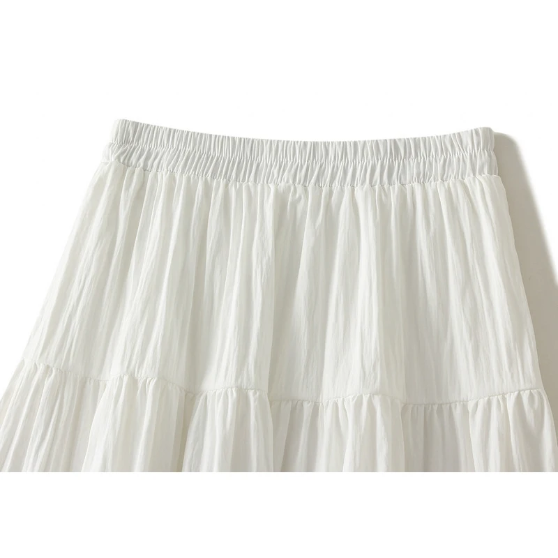 White Skirt Summer Women High Waist Ruffles Pleated Skirt Female Korean Fashion Solid Color Basic Skirt Female Black Long Skirt