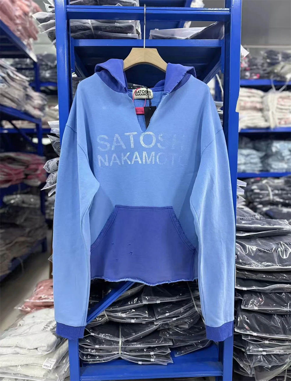Vintage SATOSHI Letter Print Washed Hole Design Hooded Sweatshirt High Street Casual Loose Cotton Versatile Simple Trendy Sports