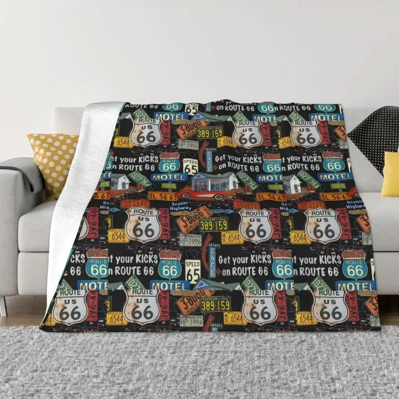 License Plate Route 66 Blankets Vintage American Mother Road Retro Car Fuzzy Warm Throw Blankets for Coverlet Autumn/Winter