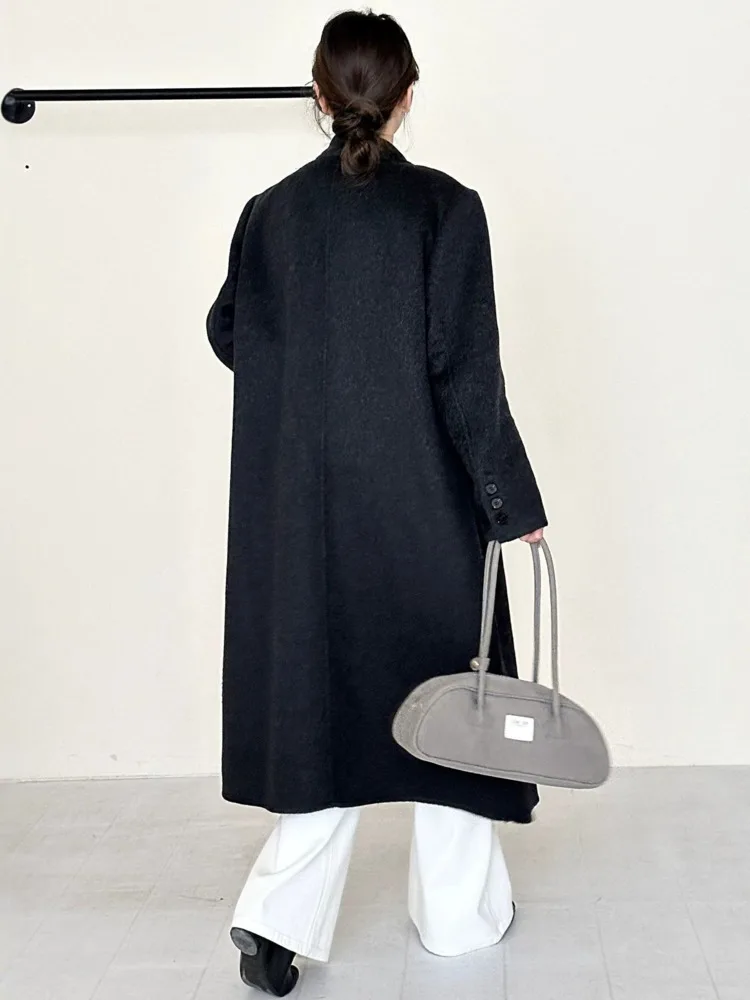 ZMEENNA Cappotto lungo classico oversize in misto lana da donna con design con risvolto dentellato e chiusura con un bottone ZM3670