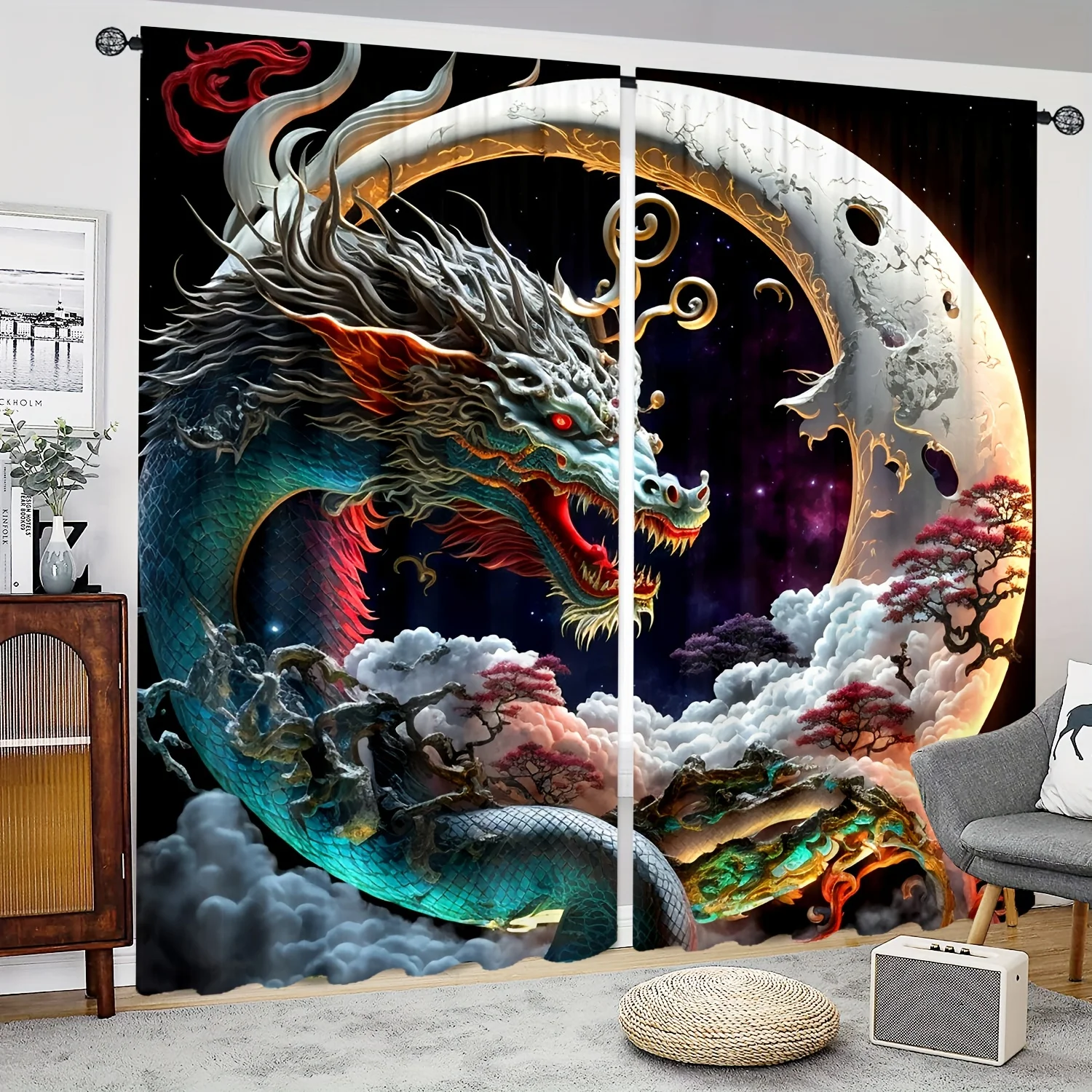 

2pcs HD Digital Print Curtains - Chinese Dragon Art Design with Cosmic Background, Vibrant Colors for Living Room or Bedroom Dec