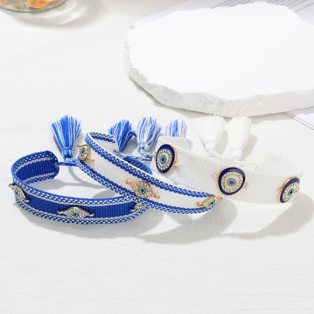 New fashion blue and white woven bracelet with tassels and evil eyes for women