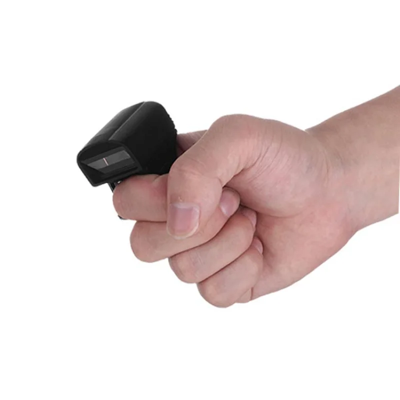 ماسح الباركود اللاسلكي الصغير بحلقة الإصبع 1D 2D رمز الاستجابة السريعة مع ذاكرة كبيرة لنظام iOS/Android أسود/أبيض