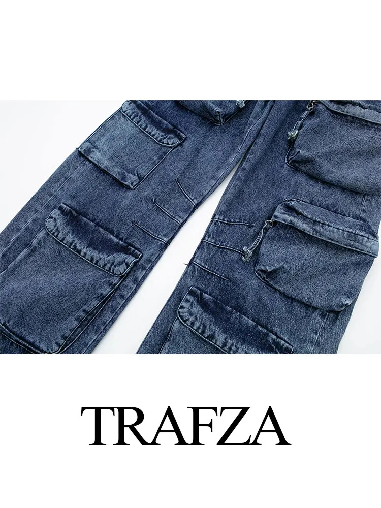 TRAFZA-monos de mezclilla Retro para mujer, pantalones de mezclilla con cremallera, decoración multibolsillos, cintura alta, moda americana, High