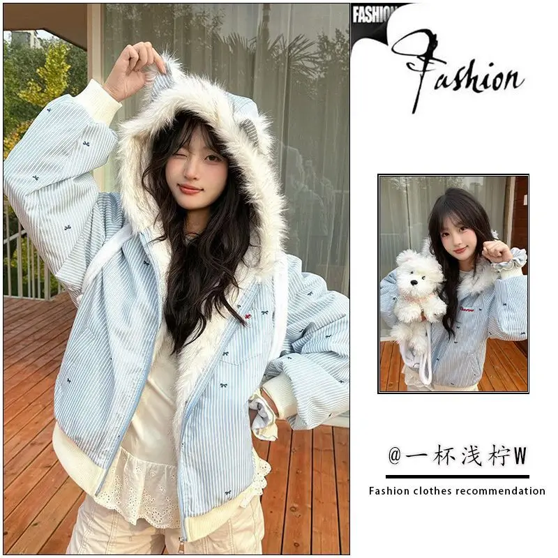 

Японское короткое милое милое хлопковое пальто в полоску с капюшоном для девочек, свободное теплое хлопковое пальто с ощущением атмосферы