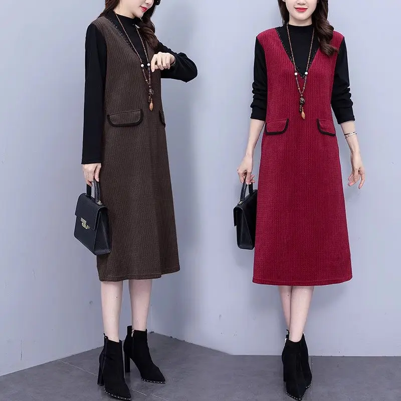 Oversized Women's Dress 2023 Autumn/Winter Korean Fashion Loose Fake Two Piece Panel Mid Length Dress Casual Clothing Z4019