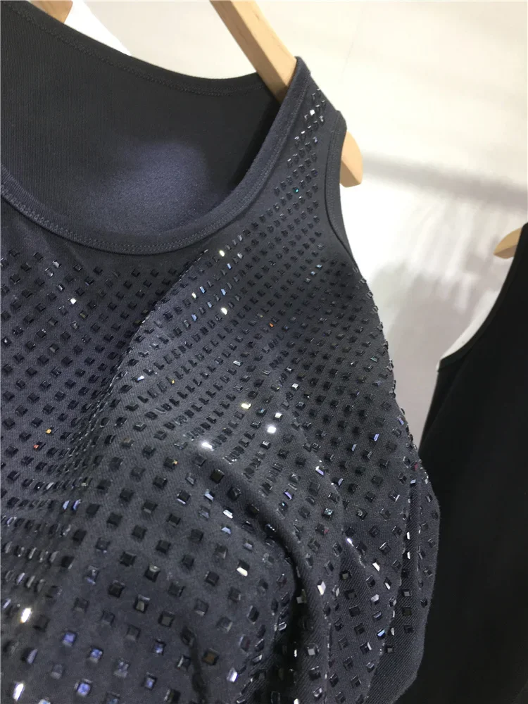 Heavy Embroidery Hot Drilling Shiny Vest Top Women 2024 Spring New Cotton Versatile Round Neck Sleeveless Knitted Sweater Top