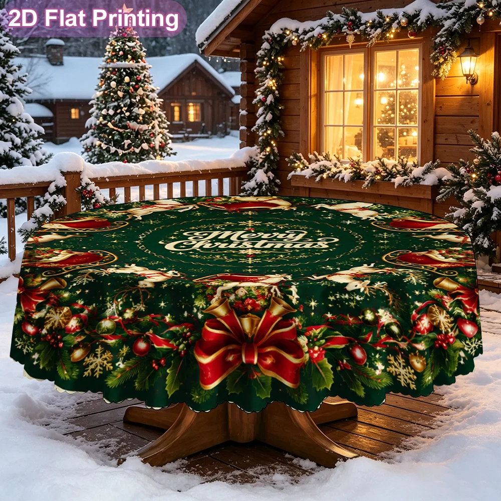 2D flat model, Christmas reindeer sleigh doormat printed tablecloth 1 piece, retro round tablecloth