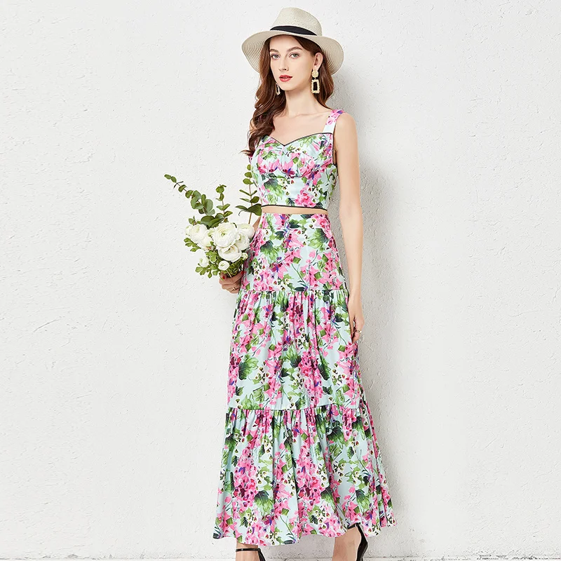 Runway Summer Two Piece Dress Suits Women Straps Crop Tops + Long Maxi Skirts Sets Fashion Floral Print 2 Pcs Dress Outfits