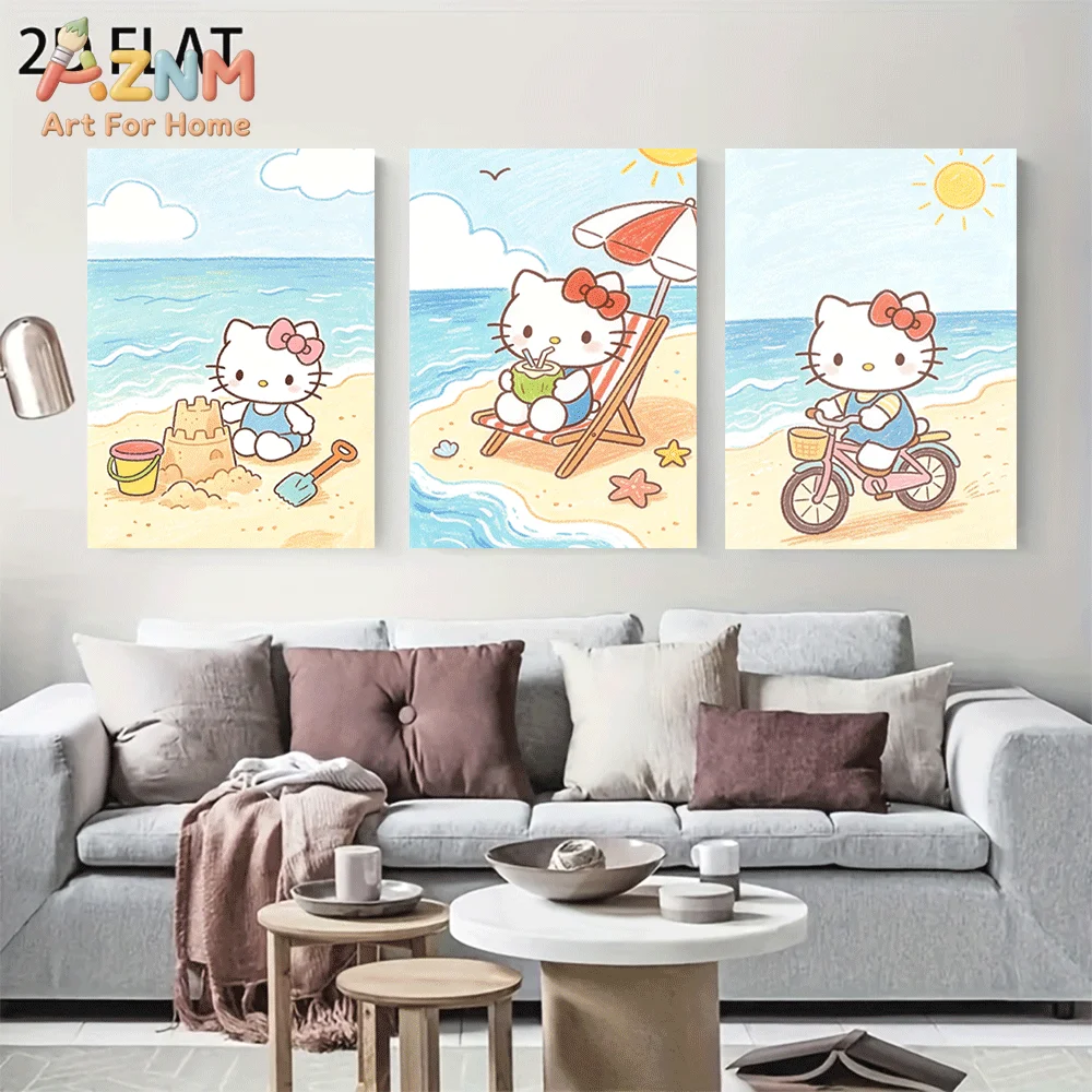 AZNM Hello Kitty Canvas Wall Art Unframed Cute Cartoon Print Poster Beach Sandcastle Bicycle Sun Umbrella Crayon Sketch Style De