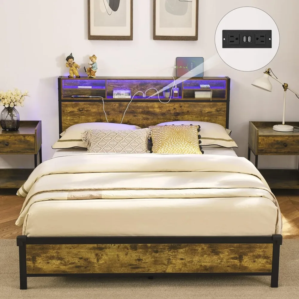 Queen Bed Frame, Bookcase Headboard with Metal Platform Beds Frames, Charging Station and RGB LED Lights Strips, Queen Bed Frame