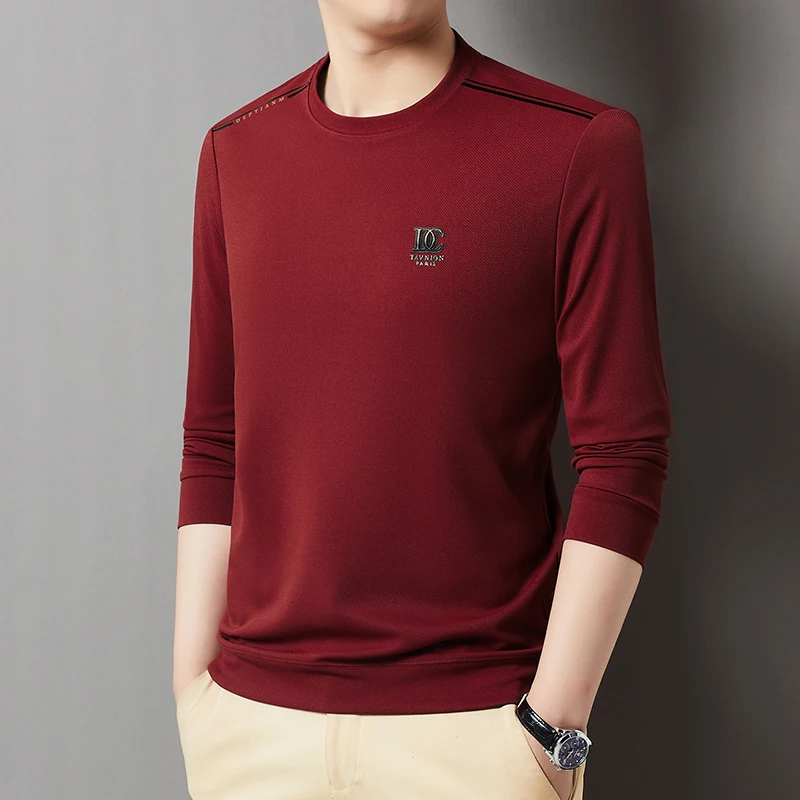 Men‘s Essential Multi-Color Crew Neck Tops Long Sleeve Shirt Spring Autumn Tailored Shoulder Seam Streetwear Tee