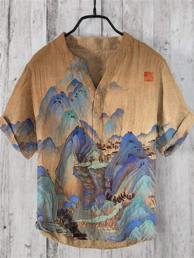 Summer hot selling Amazon cross-border e-commerce Chinese style landscape series 3D digital printing new men's V-neck shirt