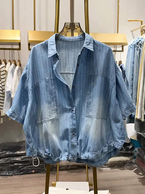 Loose Fit Short Sleeve Shirt with Drawstring And Large Pockets for Couples Summer Breathable Youthful Style Men's And Women's...