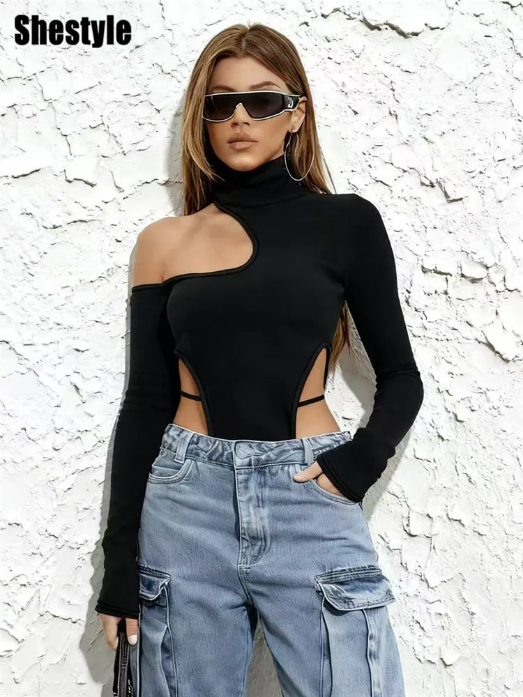 

Shestyle One Shoulder High Waist Bodysuits Women Sexy Turtleneck Solid Hollow Out Thong Long Sleeve Spring T-Shirt High Street