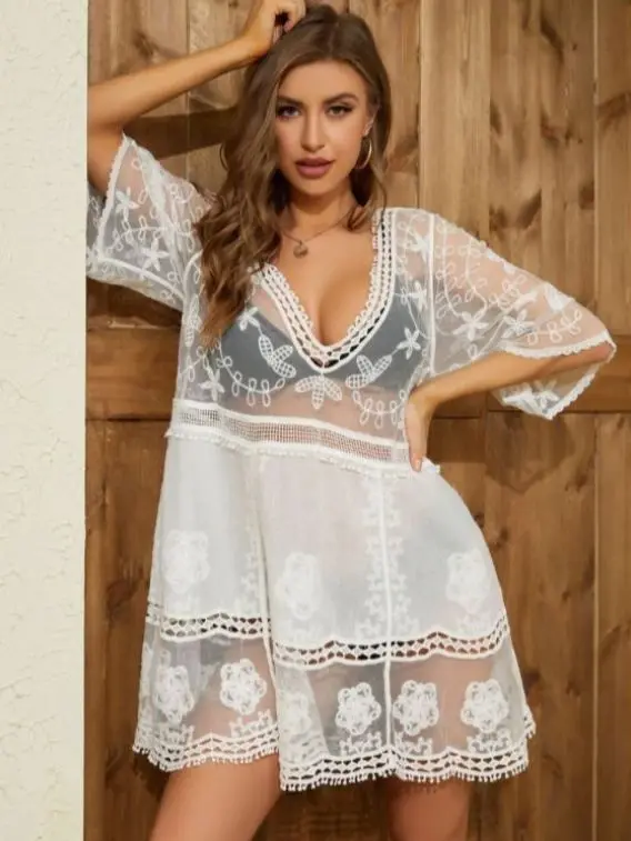 Böhmisches Strand-Bikinioberteil für Damen mit Mesh-Stickerei, ausgehöhlten Nähten, Pullover mit V-Ausschnitt, Regenschirmsaum, dünne halbe Ärmel