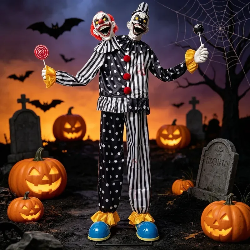 Large Electric Induction Clown Decoration Halloween Haunted House Prop Luminous Double Head Scary Figure Party Room Ornament