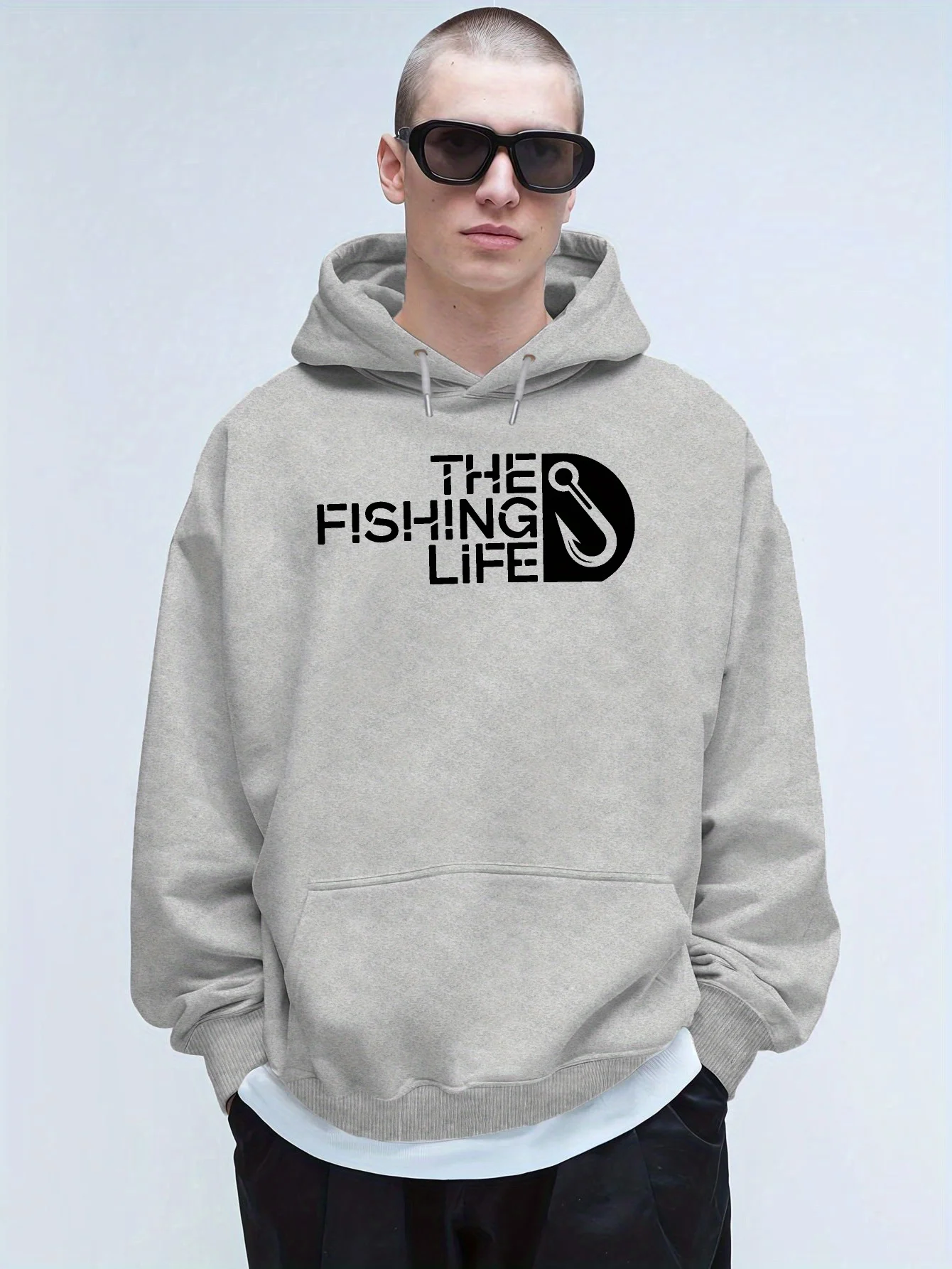 سويت شيرت بقلنسوة للرجال من Fishing Life - بلوفر بقلنسوة بنمط صيد السمك، أكمام طويلة من القماش الناعم، نمط الشارع #1