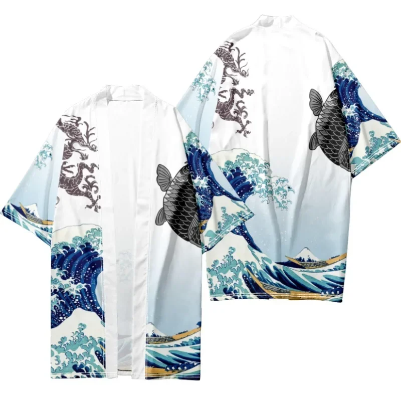 Summer Wave Print Kimono Men Women Hawaiian Shirt Stylish Trend Beach Tops Loose Yukata Bathrobes Kimono Fashion Japan Clothes