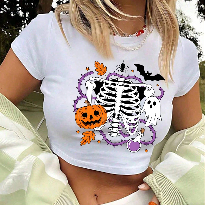 

Fashion Slim Vintage Aesthetic Baby Tee 90s Creative Skull Pattern Print Women T-shirt Harajuku Punk Gothic Sexy Casual Crop Top