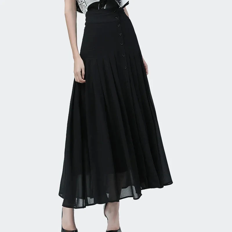 Black Chiffon Long Skirt Women Elegant Office Lady Button Slit Pleats Skirts High Waist A Line Summer Simple Asymmetry Skirt New