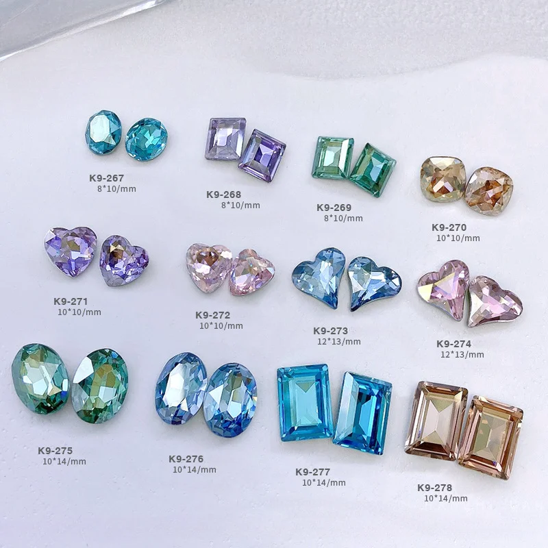 5pcs K9 Cristal Diamante Luxo Piscando Péssego Coração Quadrado Fantasia Colorido Apontado Inferior Jóias Decorações De Unhas