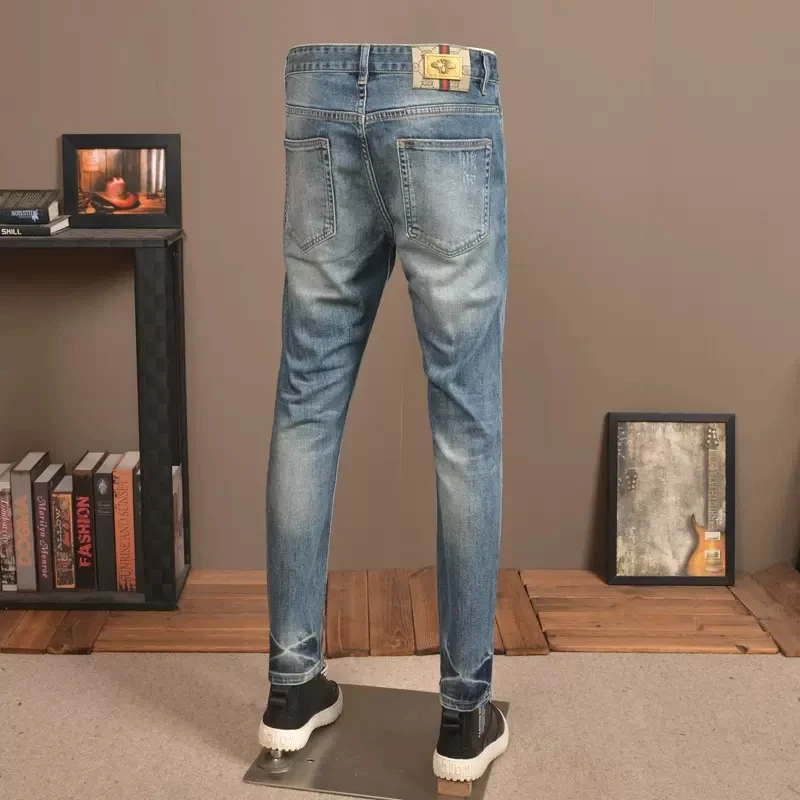Fashion Streetwear Men Jeans Retro Blue Plain Wash Elastic Slim Ripped Jeans Men Patchwork Designer Vintage Denim Pants Hombre