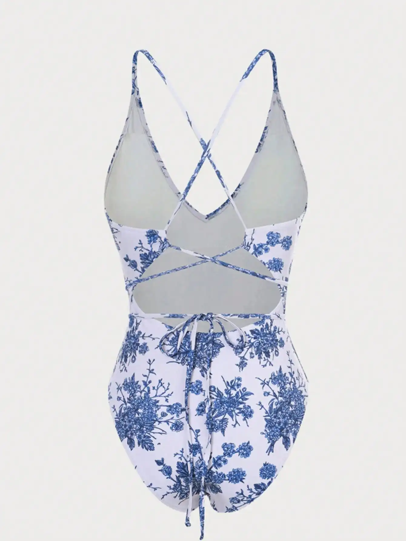 2025 신상 유럽 및 미국 수출 원피스 비키니, 블루 앤 화이트 프린트 로우컷 V넥 타이트 섹시 수영복, 중국풍