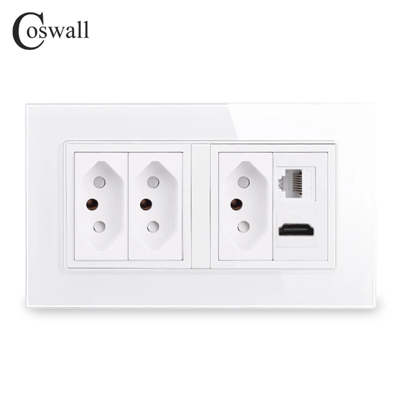 Coswall Glass Panel Wall Brasil Universal Outlet With Type-A & Type-C USB Charging Port HDMI Port Female TV CAT6 Internet Jack