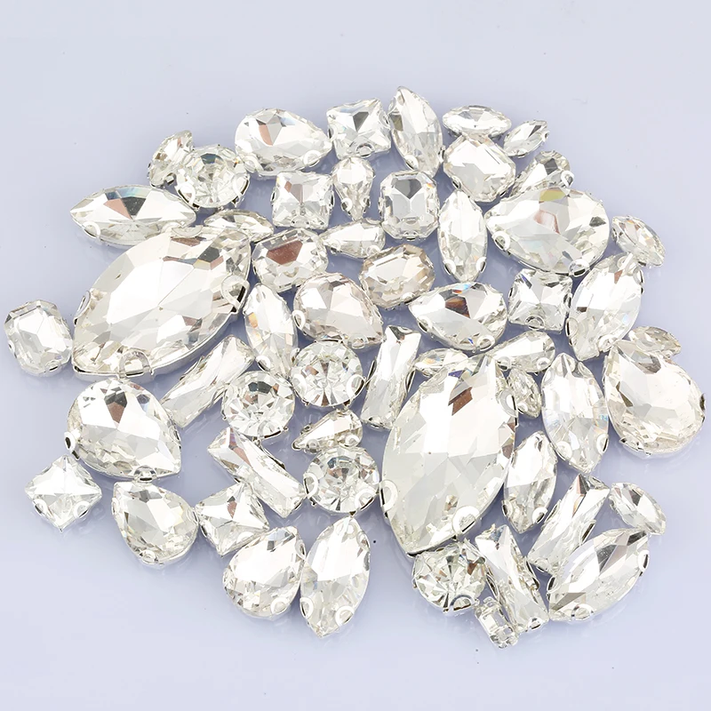 RESEN 55 sztuk mieszany kształt mieszany rozmiar kryształu przyszyć Rhinestone srebrne/złote ustawienia pazurów szklany kryształ górski do szycia dla DIY odzieży