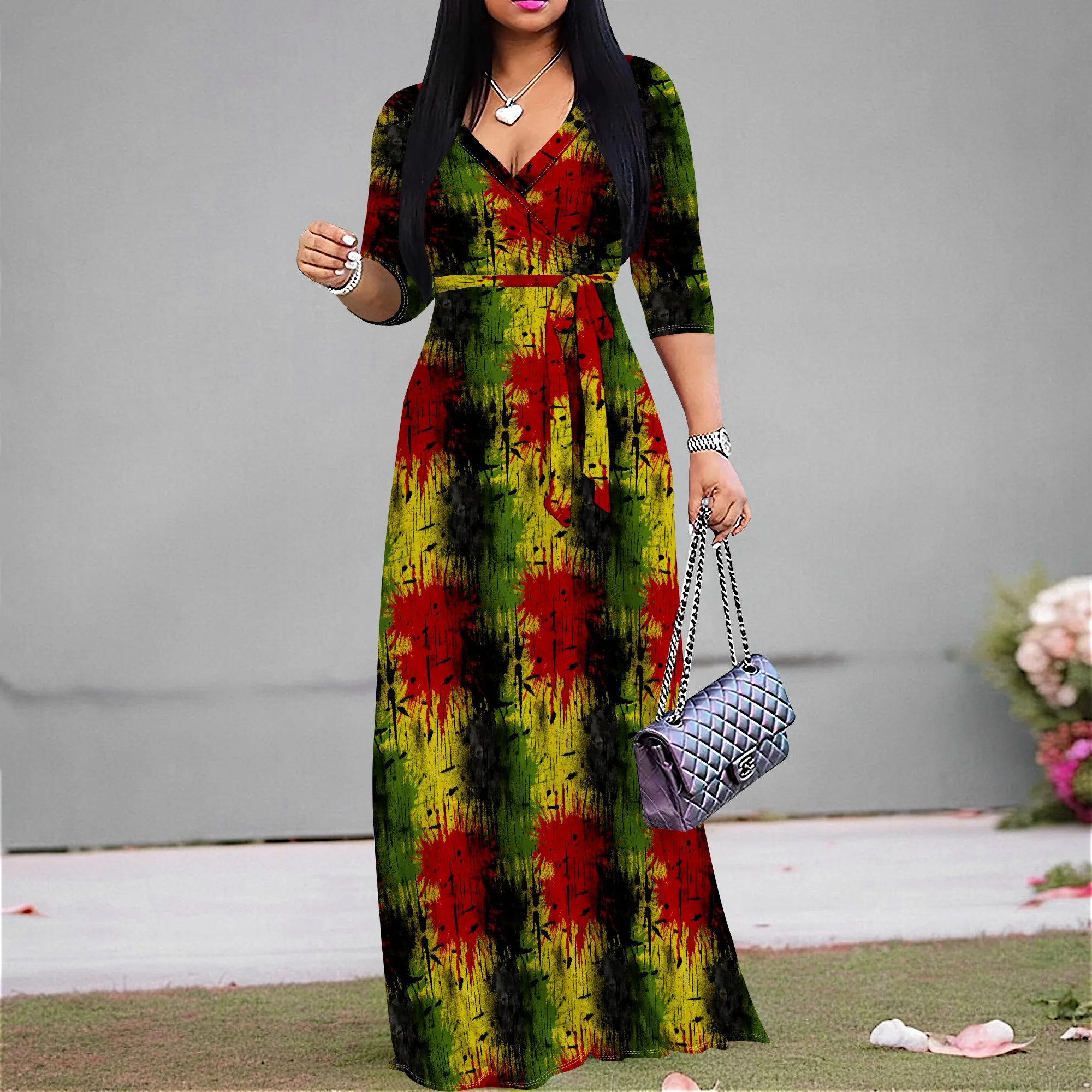 

Rasta Color Paint Splash Dress S-2XL Abstract Afro Art Maxi Dress for Festival & Culture Events