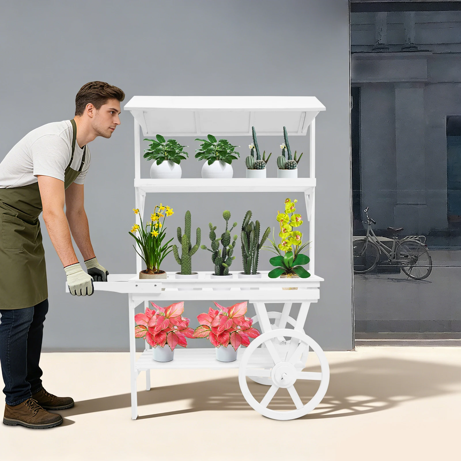 Rolling Cart, 3‑Tier Cedar Wood Flower Stand with Wheels, Retro Rolling Cart, Display Rack, for Indoor Potted Plant Decoration