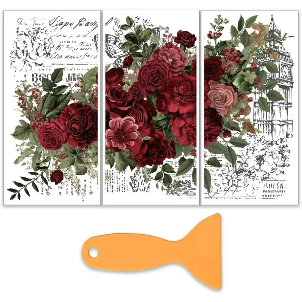 3 Stück/Set Rose Rub on Transfers für Möbel und Kunsthandwerk, 15,2 x 30,5 cm, rote Blumen, Möbelaufkleber, Transferaufkleber, florales Rub