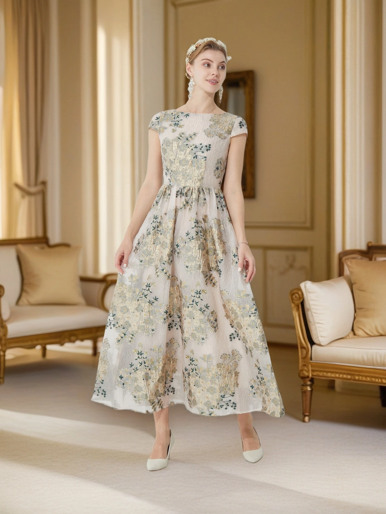 French Retro Formal Dress Jacquard Waist-Cinching Full-Skirt Long Gown - Luxury Celebrity Style Evening Banquet Elegant Dress