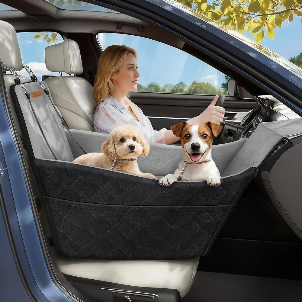 Portable Dog Car Seat for Small to Medium Dogs Up to 35 lbs, 4 Foam Bed, 2 Pockets, 3 Seatbelts, Removable & Washable, Black/Gra