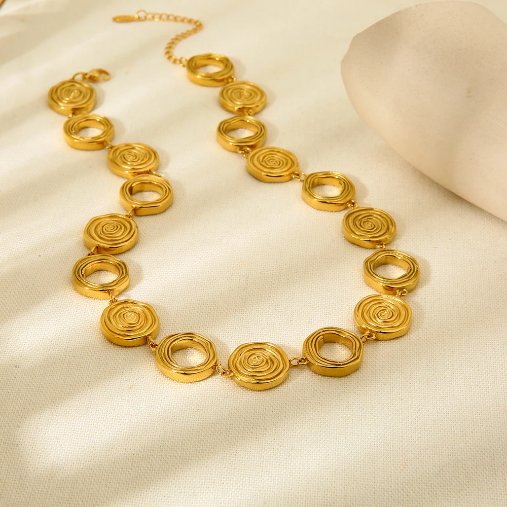 Vintage Edelstahl PVD 18K vergoldet Swirl Circle Chain Statement Choker Halskette Armband für Frauen Wasserdichter Schmuck – Detail 6