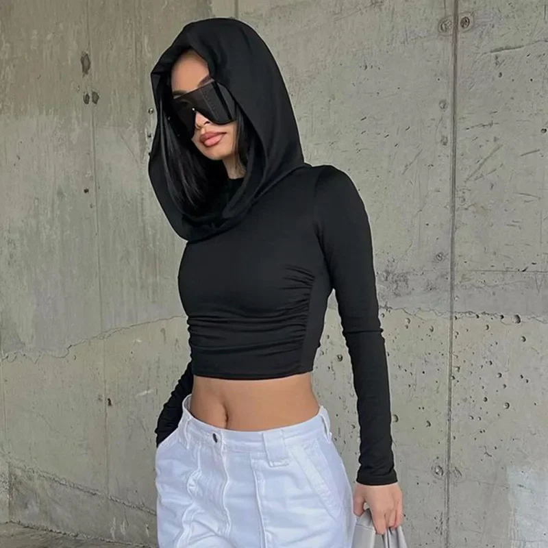 Fashion Hooded Women Crop Tops 2025 Elegant Long Sleeve T-shirt Spring Y2k Slim Fit Blouse New Streetwear Solid Color Short Top