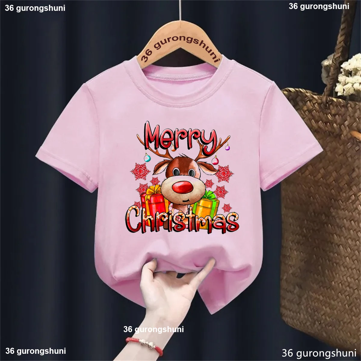 Merry Christmas Reindeer Graphic Printed T Shirt Girls/Boys Funny Xmas Gift Kids Clothes Summer Short Sleeve Solid T-Shirt Tops