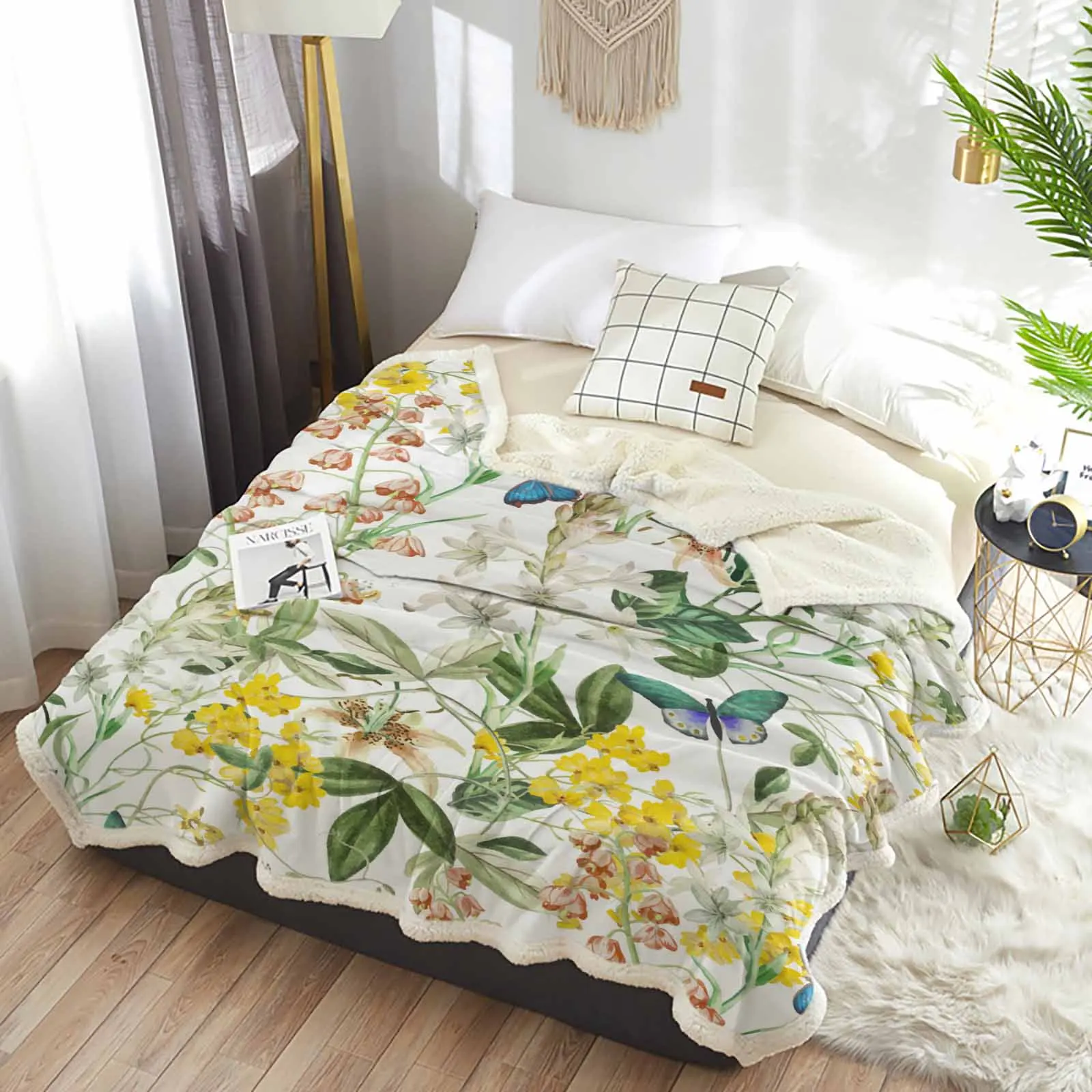 Plant Flowers Leaves Butterfly Cashmere Blanket Warm Winter Soft Throw Blankets for Beds Sofa Wool Blanket Bedspread