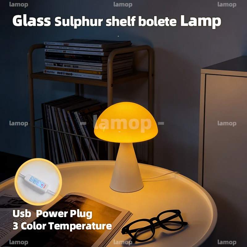 Umbrella Mushroom Glass Table Lamp Forest‑Style Childlike Soft Diffused Light Desktop Table Lamp for Pastoral Kids Room Study De