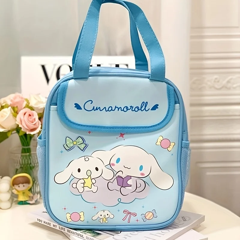 Sanrio Insulated Lunch Bag Hello Kitty Kuromi Cinnamoroll Printed Canvas Bento Bag Reusable Zipper Closure Handy Bag Kid Gifts