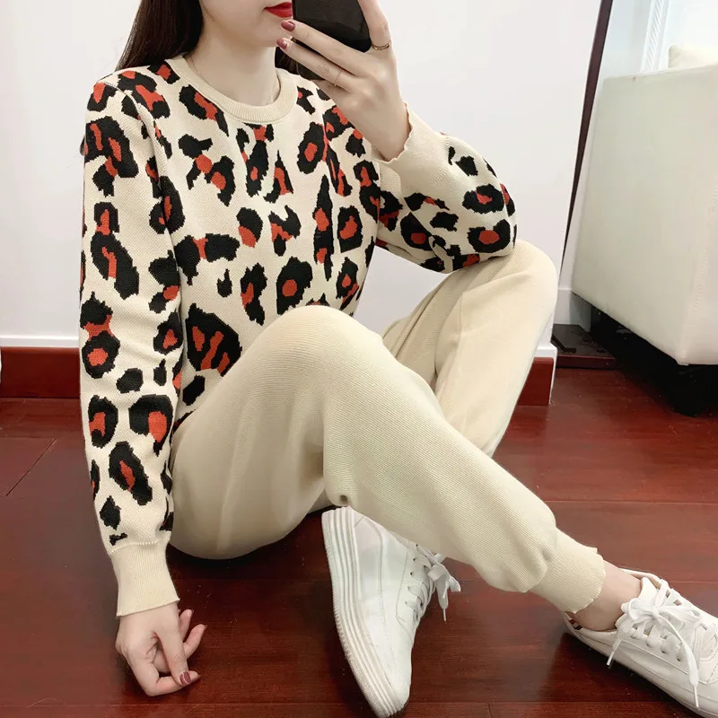 

New spring Leopard Printed Knit Two Peice Suit Women Long Sleeve O-Neck Sweater Tops + Solid Color Harem Pants Casual Tracksuit