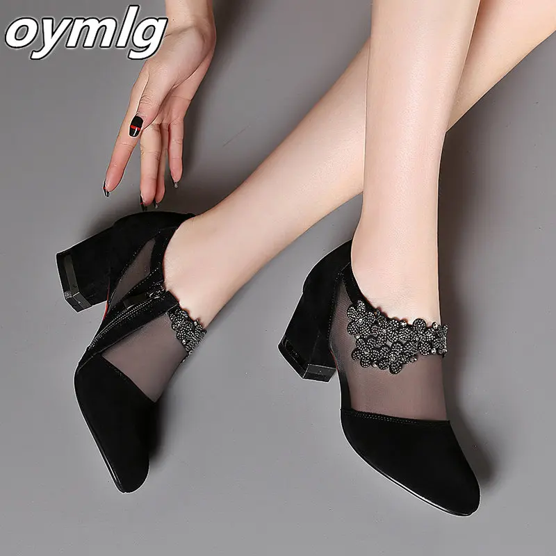 Summer Women High Heel Shoes Mesh Breathable Pumps Zip Pointed Toe Thick Heels Fashion Female Dress Shoes Elegant Footwear