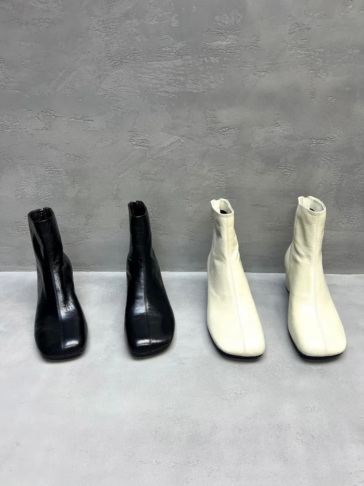 Office Ladies Genuine Leather Boots Fashion Square Toe Solid Color Chunky Heels Shoes New Autumn Women Soft Cowhide Short Boots