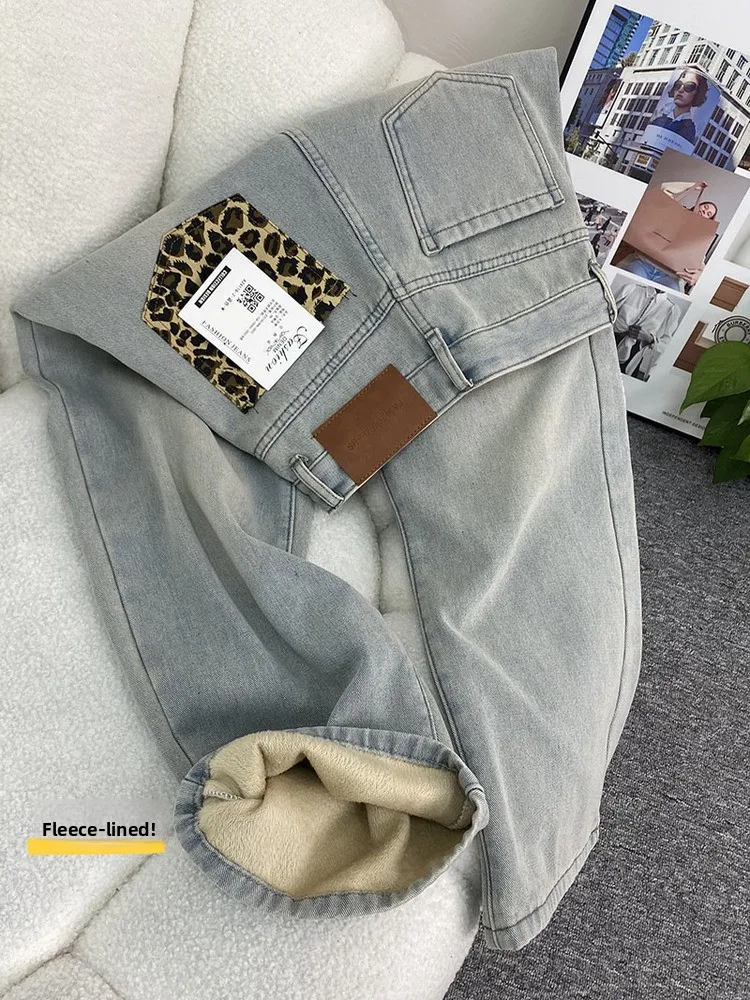 

Женские джинсы с флисовой подкладкой, широкие штанины, осенне-зимние, с высокой талией, джинсовые брюки с карманами, свободный прямой крой