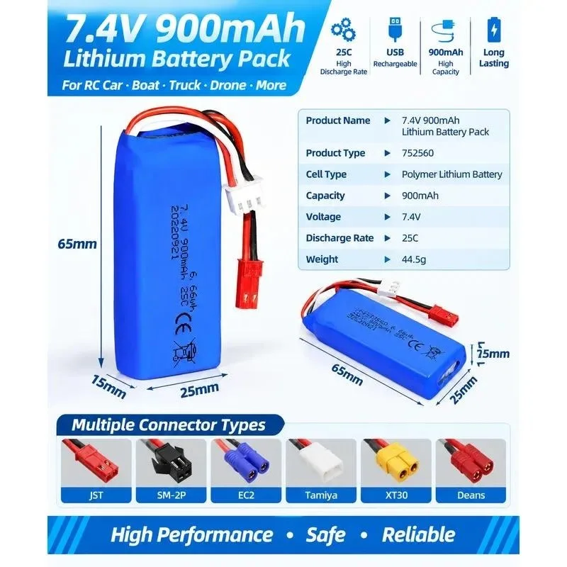 7.4V 900mAh 25C Lithium Battery for XK X520 RC Aircraft Accessories 752560 Model Airplane Battery High Rate Discharge
