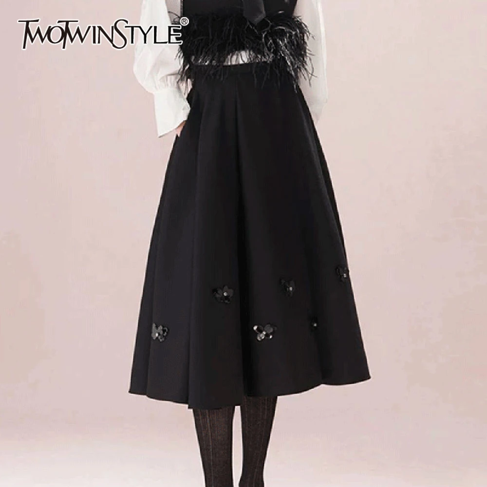 

TWOTWINSTYLE однотонные свободные уличные юбки на молнии для женщин, лоскутная юбка с высокой талией и аппликацией, женская модная одежда