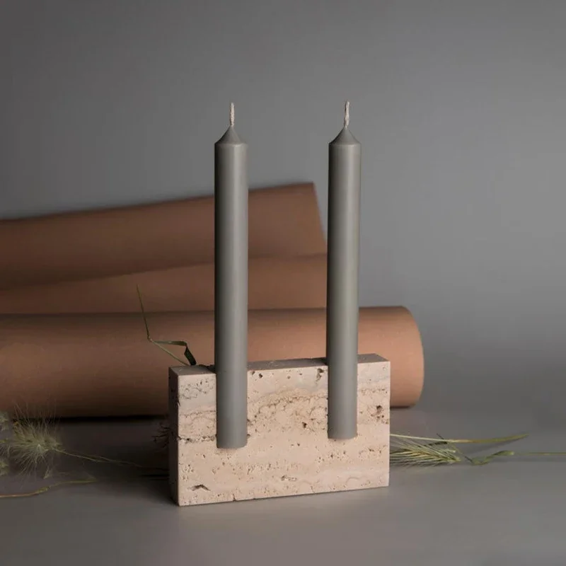 2 Holes Marble Taper Candle Holder Vintage Travertine Stone Candlestick Holder for Home Decor Dinning Party Table Centerpiece