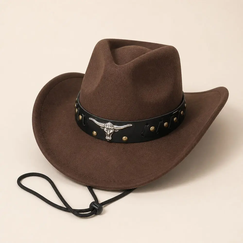 Brown Faux Suede Look Western Cowboy Hat, Curved Wide Brim, Bull Head Band, Chin Cord, Unisex Costume Headwear, Festival Outfit